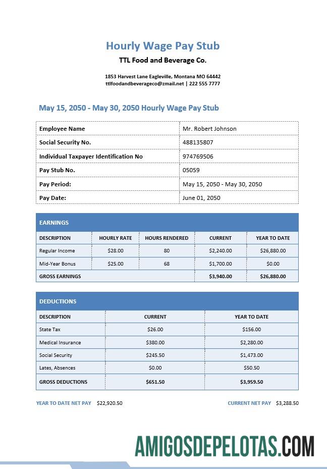 Imprimível Modelo de recibo de pagamento por hora